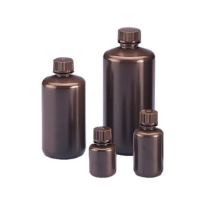 Ronde fles van HDPE met smalle hals, amberkleurig