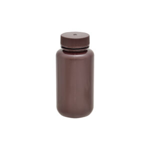 Ronde fles van HDPE met wijde hals, amberkleurig
