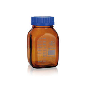 Fles met schaalverdeling en ISO schroefdop GL80, amberkleurig